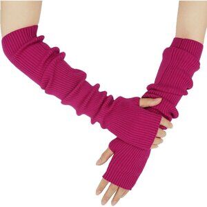 Women's Rose Red Soft Cozy Arm Winter Warmers Fingerless Knitted Long Gloves